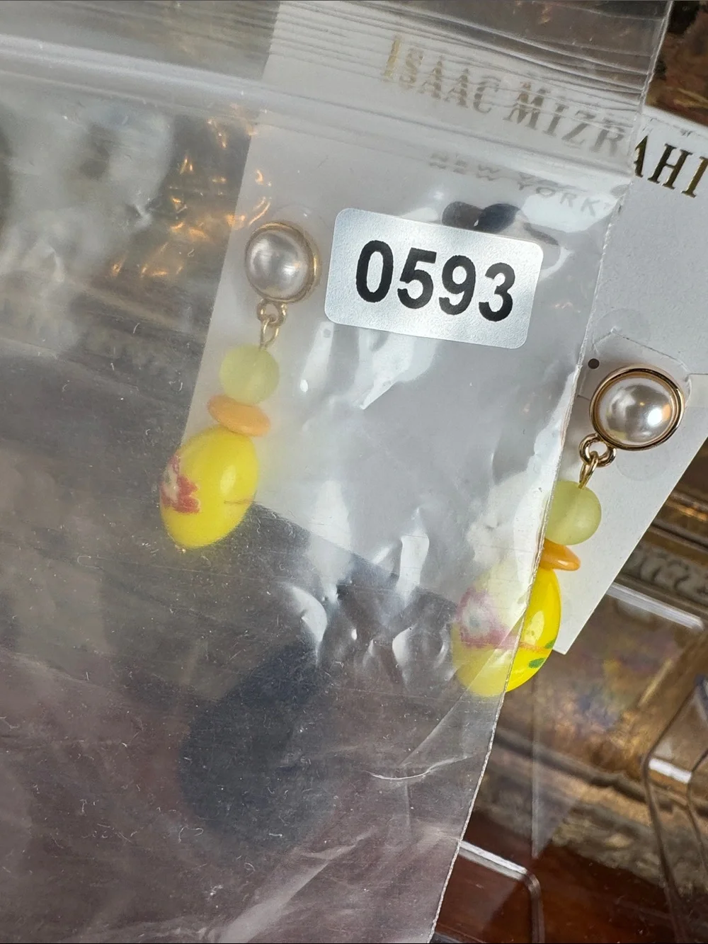 0593-Isaac‎ Mizrahi Yellow Floral Drop Earrings with Pearl Tops